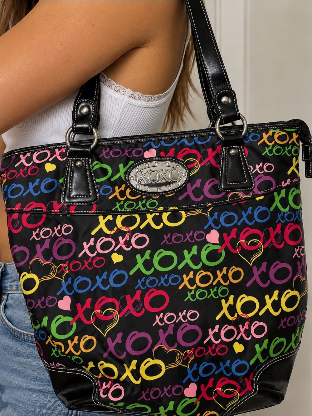 XOXO Y2K Tote Bag Multicolor Graffiti Logo Hearts Black McBling Shoulder Purse